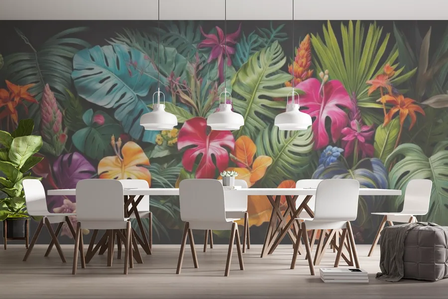 Colorful tropical flowers and monstera leaves mural with white pendant lights and modern dining chairs