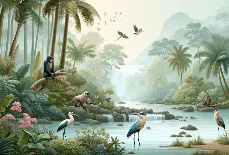 Tropical jungle mural with herons, monkeys, waterfalls, palm trees, and misty mountains
