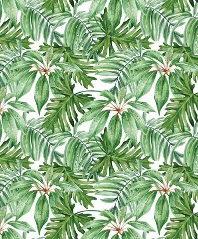 Repeating pattern of watercolor tropical palm fronds and leaves in various green shades on white background
