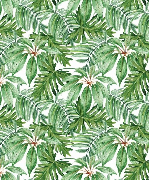 Repeating pattern of watercolor tropical palm fronds and leaves in various green shades on white background