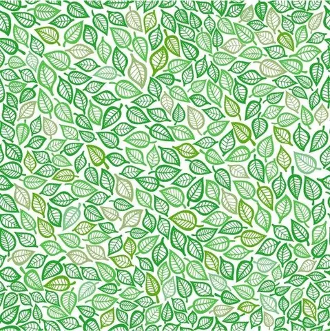 Repeating pattern of hand-drawn green and cream leaves scattered densely across a light background.