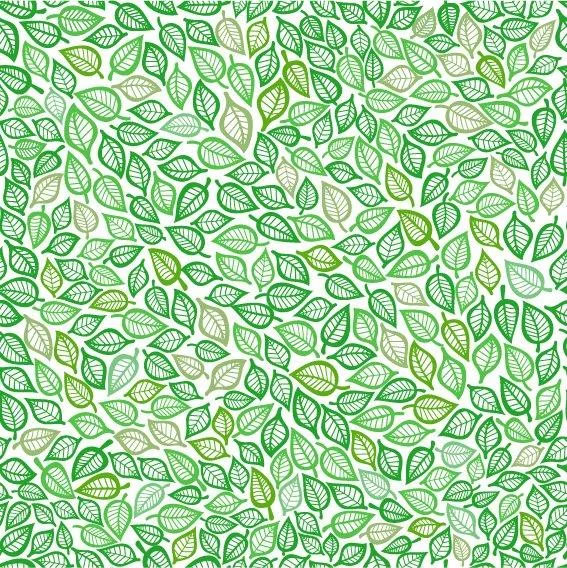 Repeating pattern of hand-drawn green and cream leaves scattered densely across a light background.