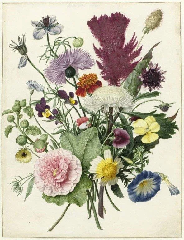 Vintage botanical illustration with pink roses, purple dahlias, daisies, and mixed garden flowers on cream background.