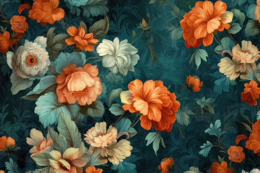 Repeating floral pattern with orange, cream and white flowers on deep teal background with green foliage