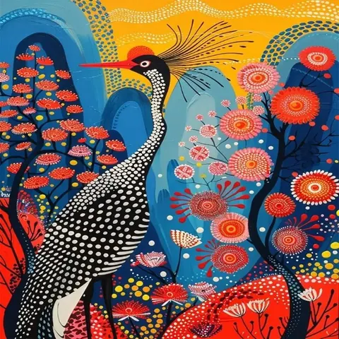 Ornate black and white crowned crane with red crest among red flowers and blue foliage on golden yellow background
