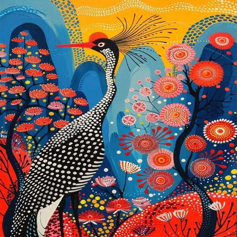 Ornate black and white crowned crane with red crest among red flowers and blue foliage on golden yellow background