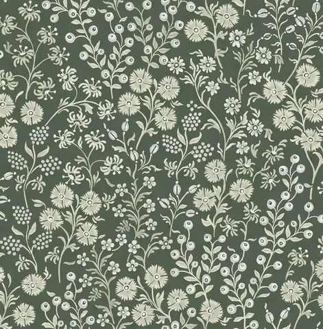 Cream botanical flowers and berries on sage green background, seamless repeating pattern