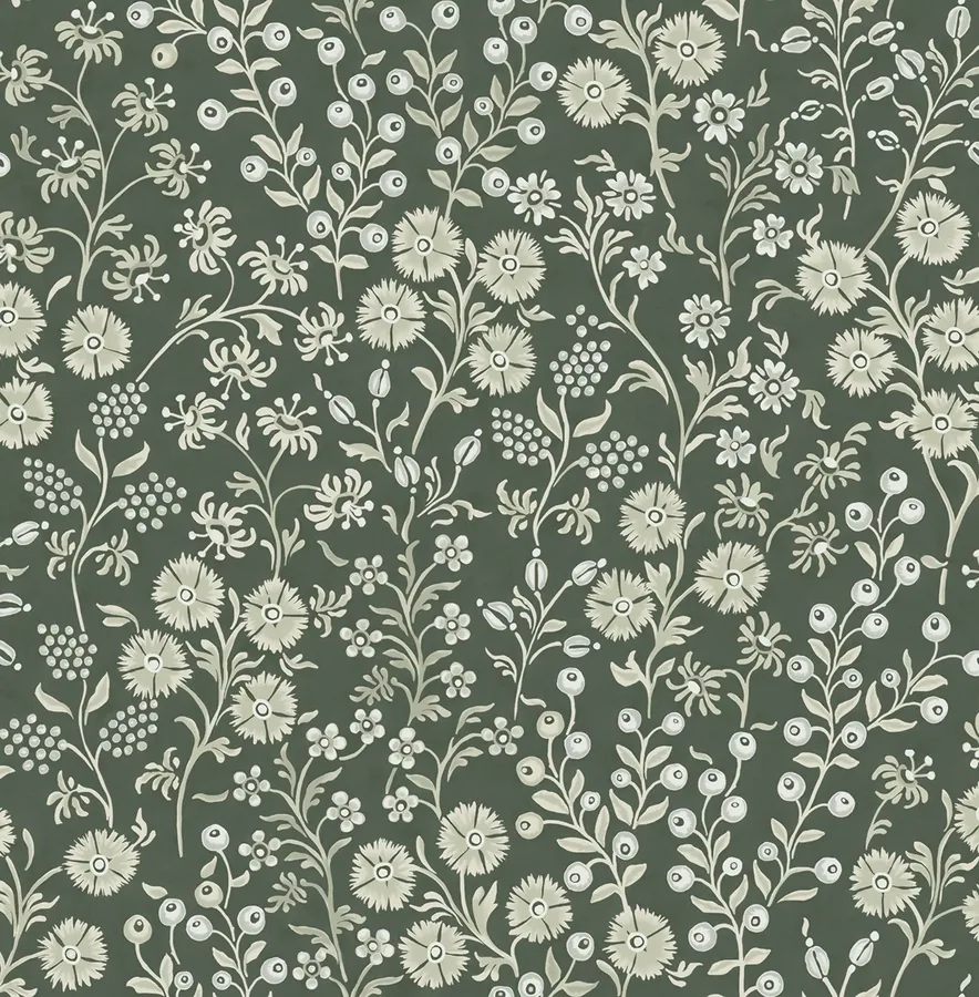 Cream botanical flowers and berries on sage green background, seamless repeating pattern