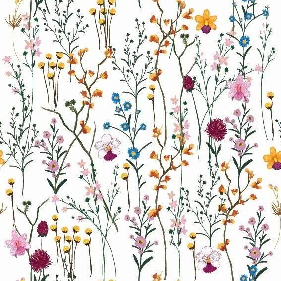 Repeating pattern of illustrated wildflowers and botanical stems in pink, yellow, blue, and burgundy on white background.