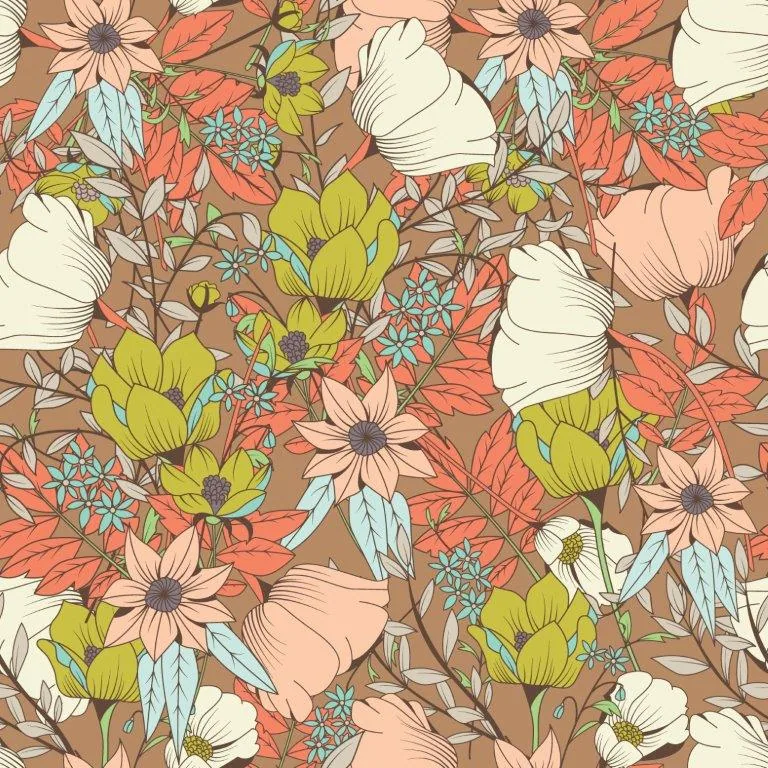Repeating pattern of white, yellow, and coral flowers with turquoise leaves on a warm tan background