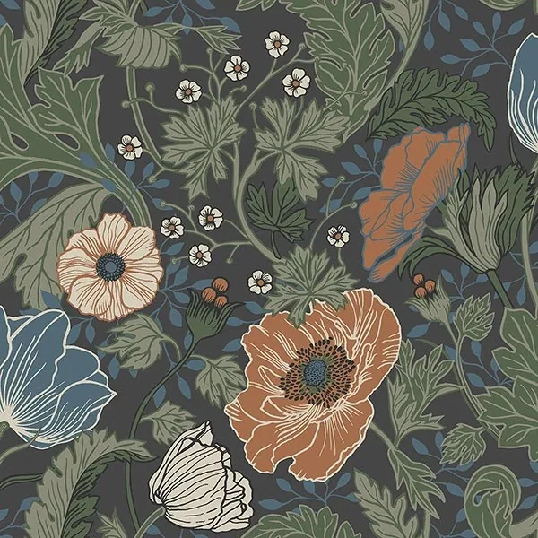 Hand-illustrated wildflowers and botanical leaves in terracotta, cream, and white on dark charcoal background.