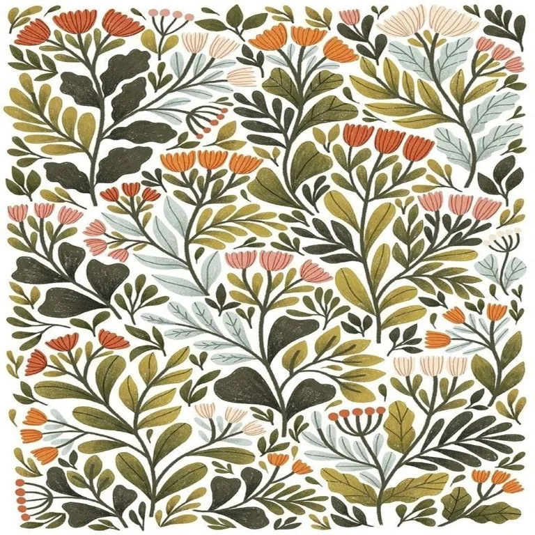 Repeating botanical pattern with orange and pink flowers, green and olive leaves on cream background.