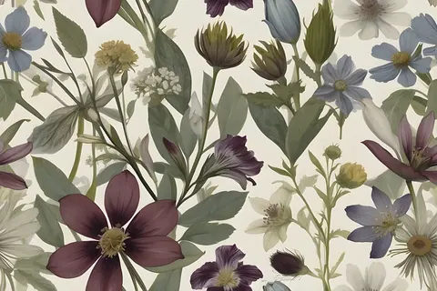 Repeating pattern of botanical wildflowers including daisies and cosmos in purple, blue, and cream tones with green foliage on cream background.