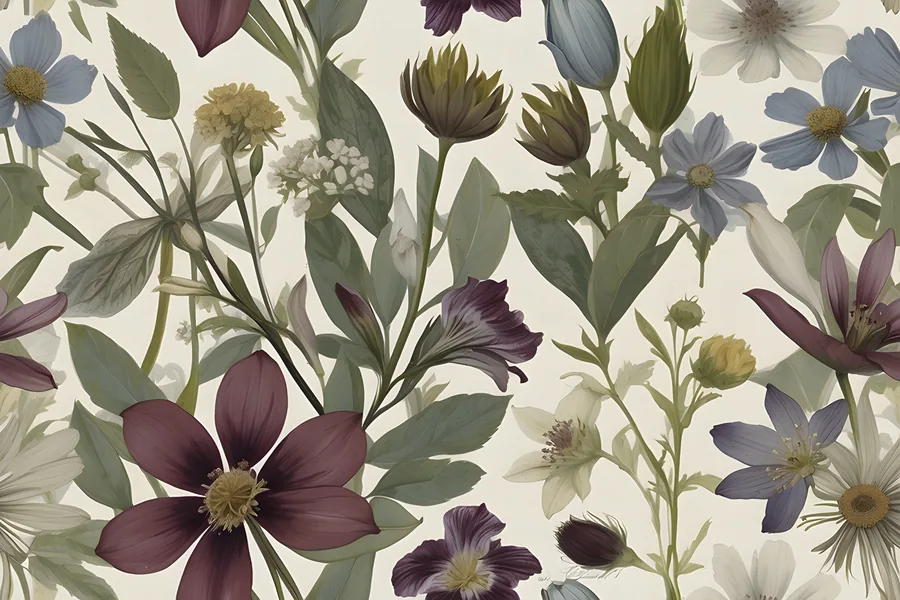 Repeating pattern of botanical wildflowers including daisies and cosmos in purple, blue, and cream tones with green foliage on cream background.