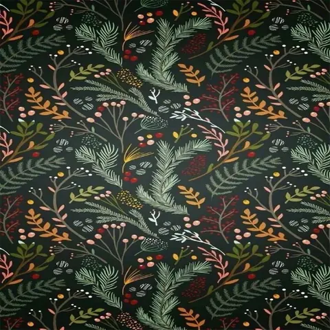 Dark green repeating botanical pattern with ferns, branches, berries in coral, gold, and cream tones
