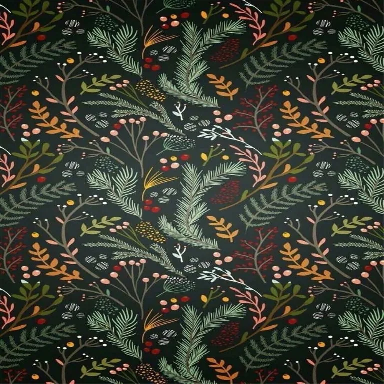 Dark green repeating botanical pattern with ferns, branches, berries in coral, gold, and cream tones