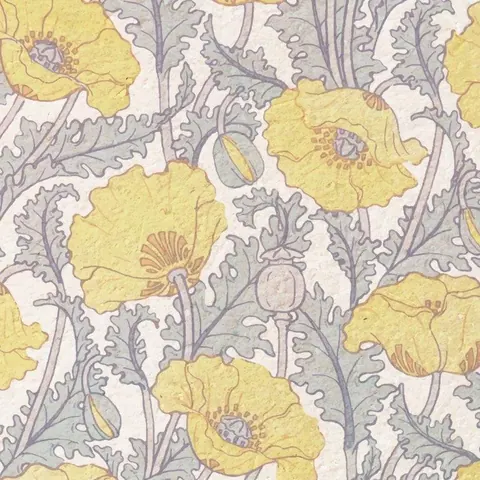 Repeating pattern of yellow poppy flowers with ornamental purple-grey foliage on cream background.