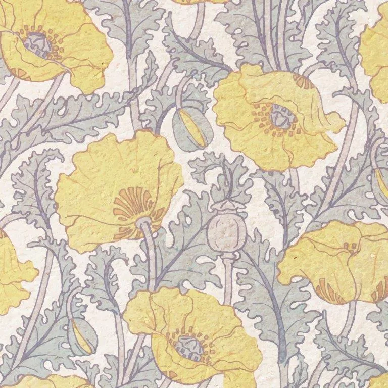 Repeating pattern of yellow poppy flowers with ornamental purple-grey foliage on cream background.
