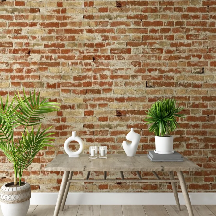 Realistic brick wall texture in warm terracotta and cream tones with white decorative accents.