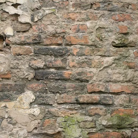 Aged brick wall with weathered mortar, moss growth, and natural patina in terracotta and grey tones.