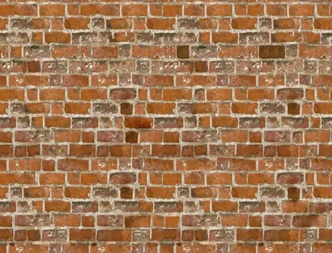 Repeating pattern of weathered red and orange bricks with white mortar and aged patina texture