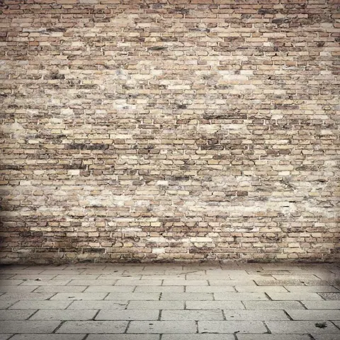 Distressed brick wall with concrete floor, warm tan and russet tones