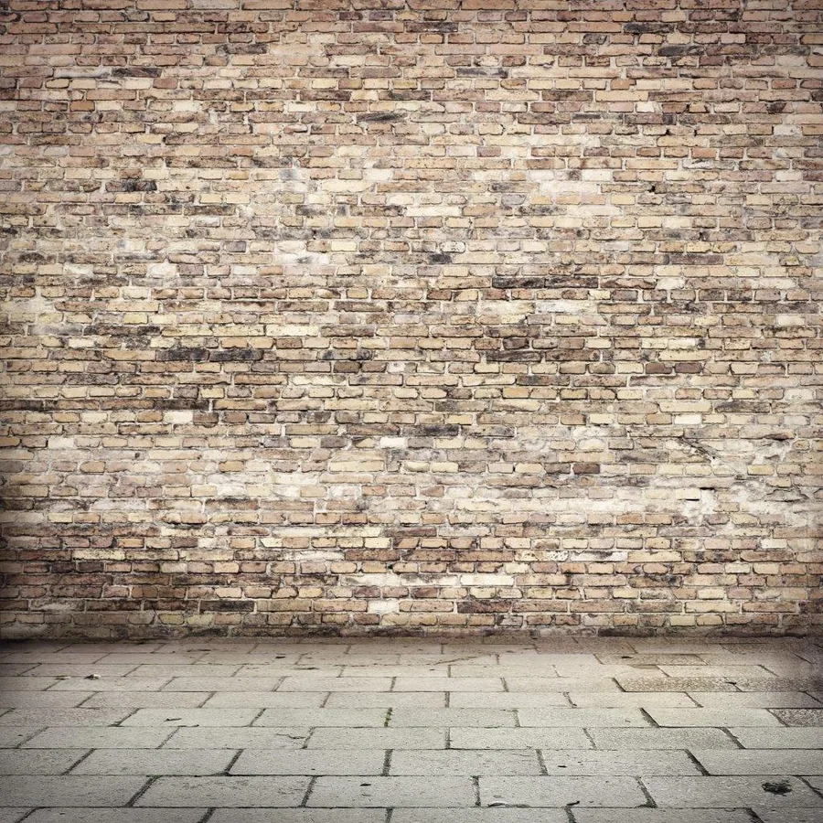 Distressed brick wall with concrete floor, warm tan and russet tones