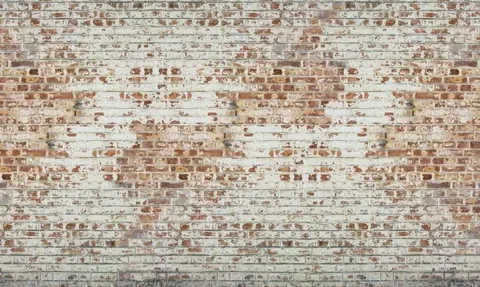 Distressed whitewashed brick wall texture with red and cream colored bricks in repeating pattern