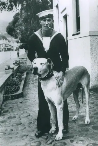 Vintage black and white photograph of sailor in naval uniform with dog