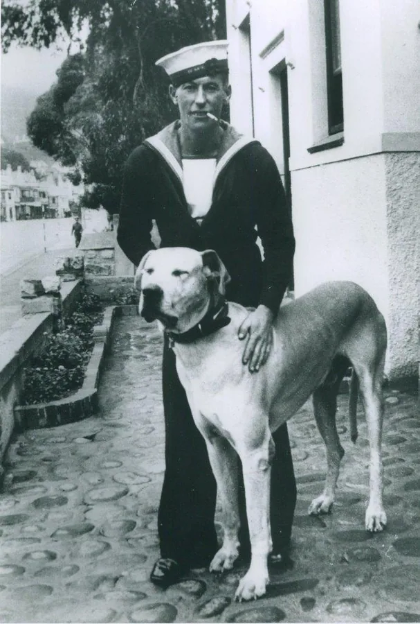 Vintage black and white photograph of sailor in naval uniform with dog