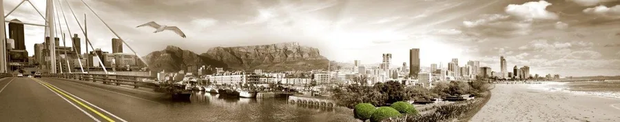Sepia panoramic view of Cape Town skyline with Table Mountain, waterfront buildings, and bridge spanning across water.