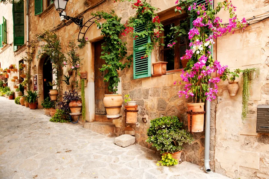 Tuscan village alleyway with terracotta pots, magenta flowers, and weathered stone walls