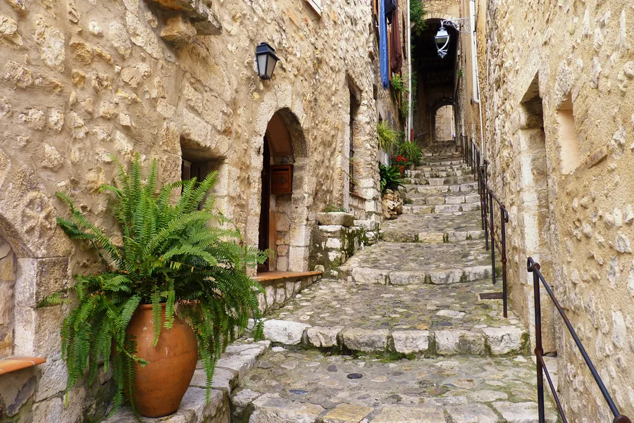 Narrow cobblestone alley between aged stone walls with arched doorway and potted fern plant.