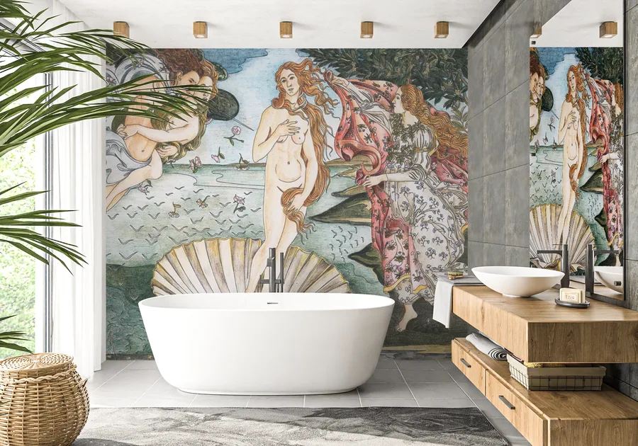 Renaissance-style mural with classical figures, shells, and mythological scenes in soft, naturalistic colors
