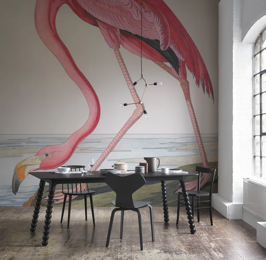 Colour In wallpaper shown on a wall in a styled room