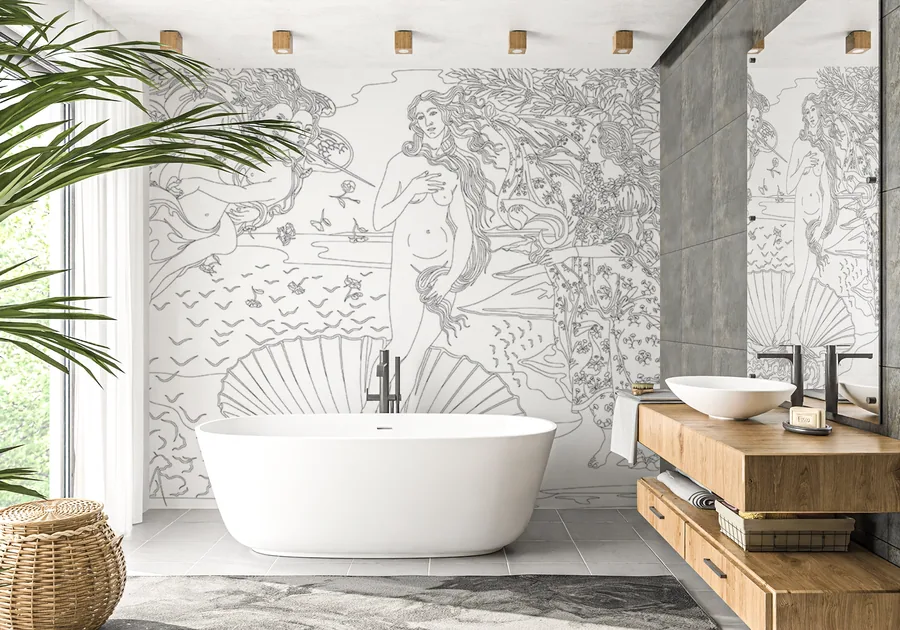 Line drawing mural of classical figures and nature motifs in greyscale on bathroom wall with freestanding tub