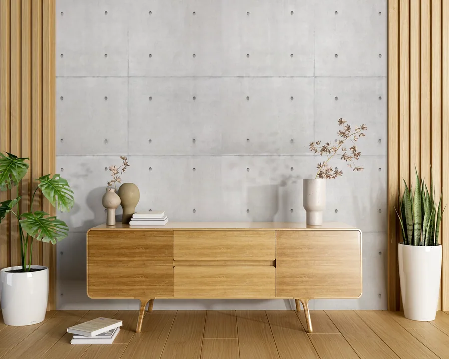 Light grey concrete wall texture with grid pattern and metal fasteners in contemporary interior
