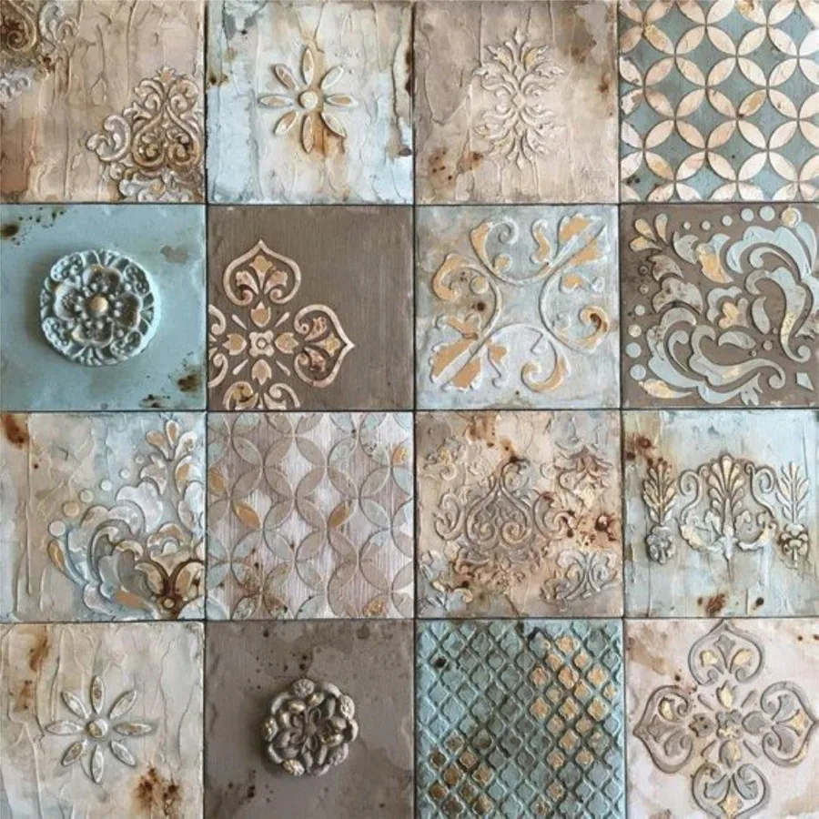 Collage of decorative ceramic tiles with damask patterns in aged cream, brown and gold finishes