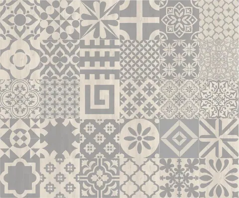 Repeating pattern of grey and cream geometric and floral mosaic tile designs arranged in a grid