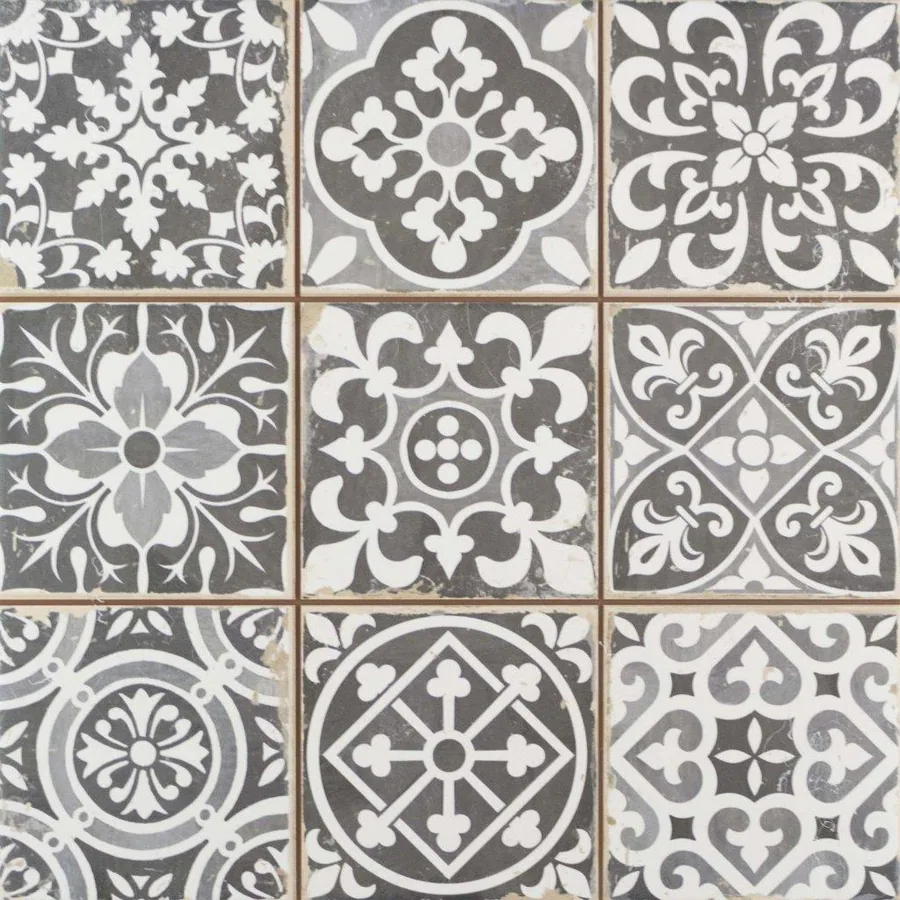 Repeating geometric mosaic tile pattern with ornate floral and cross motifs in gray and white
