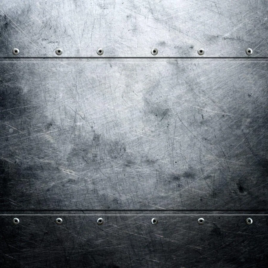 Worn metal sheet texture with horizontal riveted bands and scratched surface detail