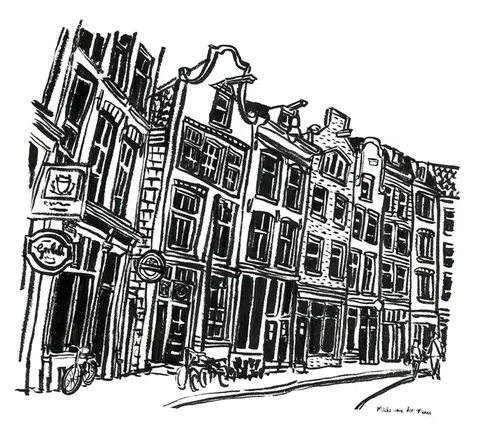 Black and white sketch of traditional European buildings with ornate architectural details and multiple windows