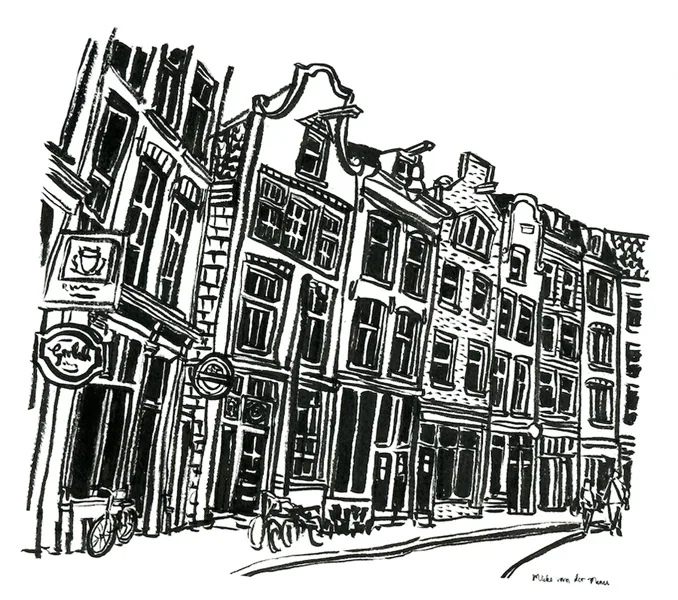 Black and white sketch of traditional European buildings with ornate architectural details and multiple windows