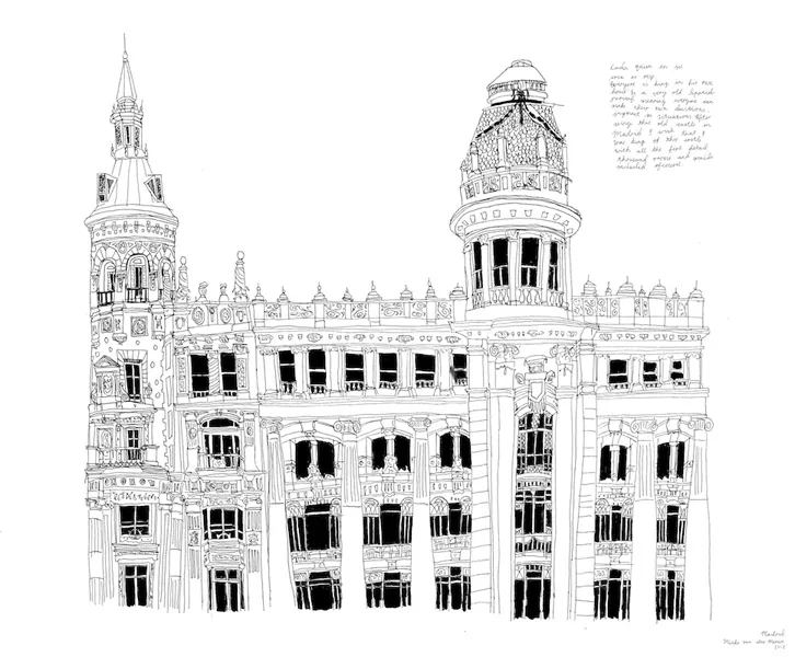 Black and white architectural line drawing of ornate European building with twin towers and decorative details.