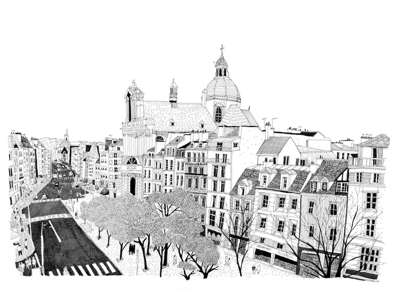 Black and white line drawing of a European city square with historic buildings and a domed cathedral.