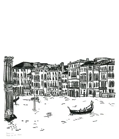Black and white line drawing of Venetian buildings and gondola on water