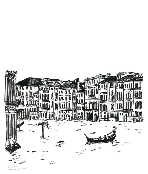 Black and white line drawing of Venetian buildings and gondola on water