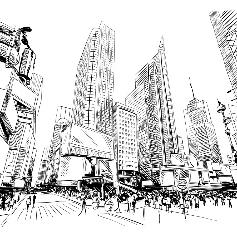 Black and white pen sketch of a crowded city street lined with tall buildings and busy pedestrians