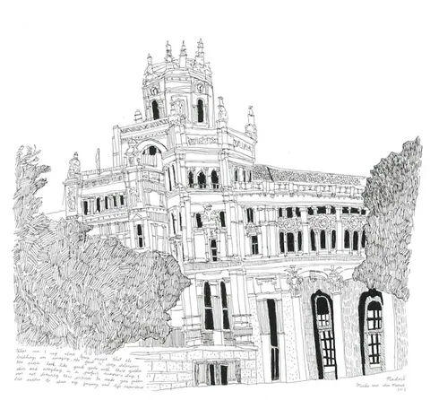 Hand-drawn sketch of an ornate multi-story palace with towers, arched windows, and surrounding vegetation in black ink on white background.