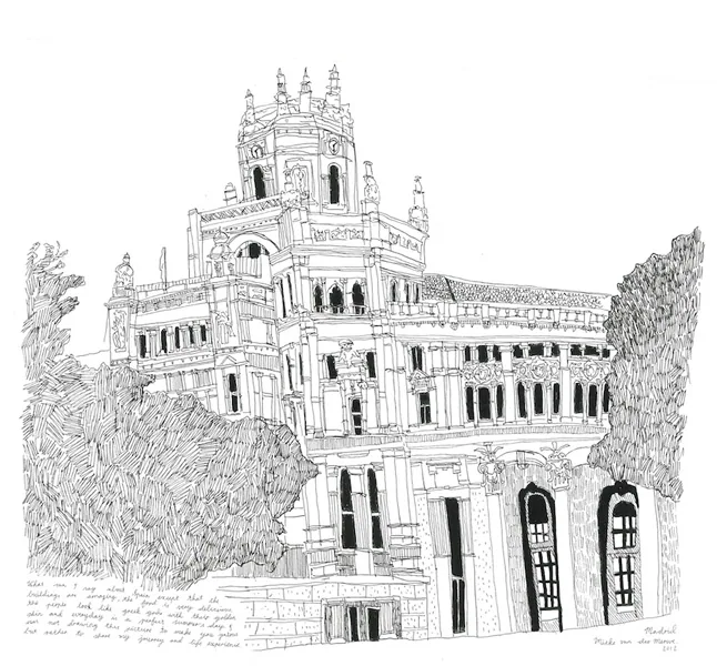 Hand-drawn sketch of an ornate multi-story palace with towers, arched windows, and surrounding vegetation in black ink on white background.
